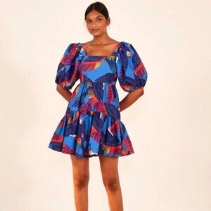 FARM RIO Blue Toucans Mini Dress XS Puff Sleeve Tiered Tropical Boho LIKE NEW